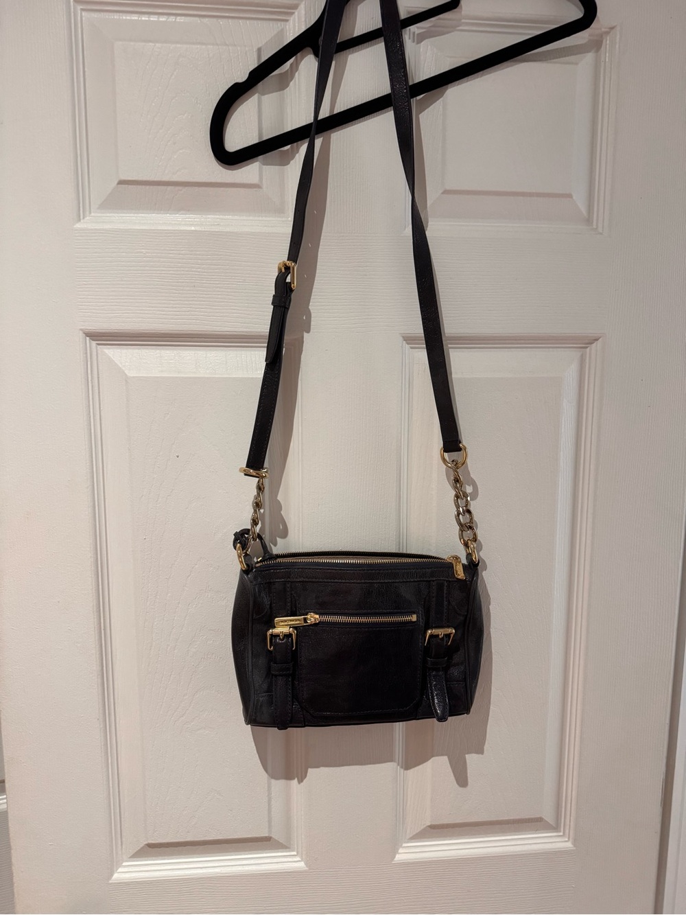 Michael Kors Dark shiny Navy Leather Crossbody with Gold Accents